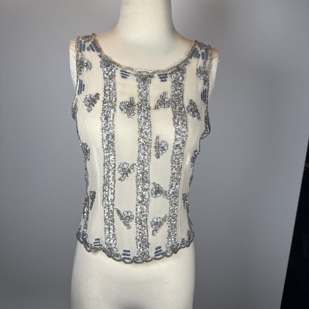 VTG Aftershock Women’s Gray Rylee Tea Top Sequin Beaded Sleeveless Top Size M